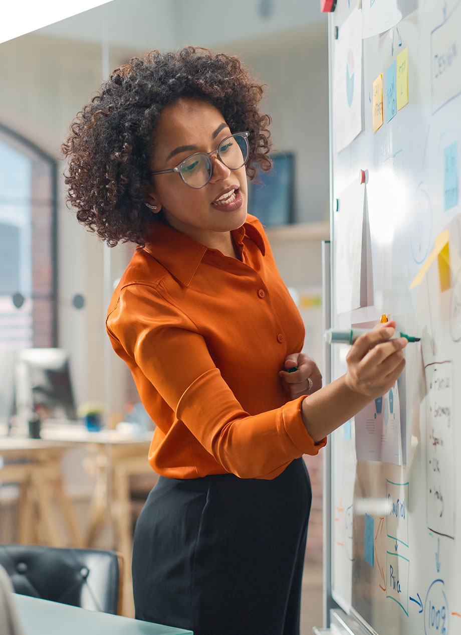 Woman working at a whiteboard.